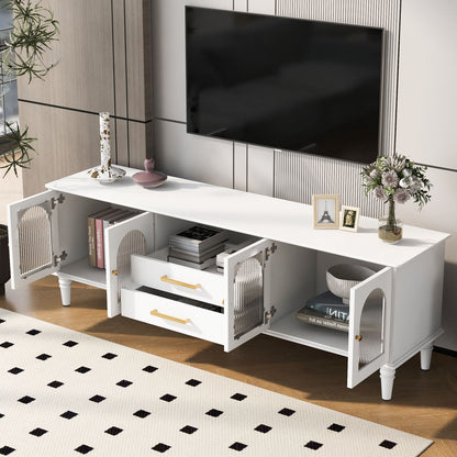 Retro TV Stand For TVs Up To 75", Entertainment Center Media Console With Fluted Glass Doors And 5 Solid Wood Legs For Living Room - White