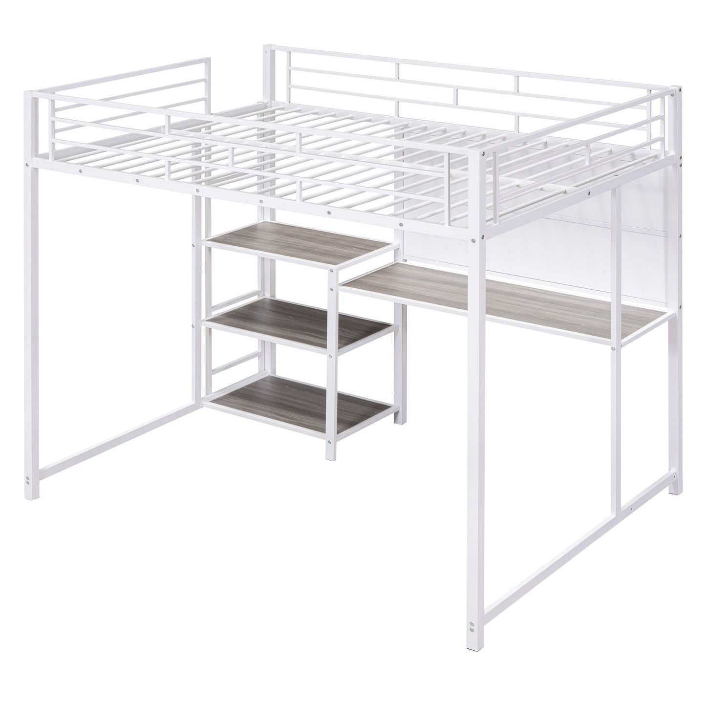 Full Size Loft Bed With Desk And Whiteboard, Loft Bed With 3 Shelves And Ladder - White