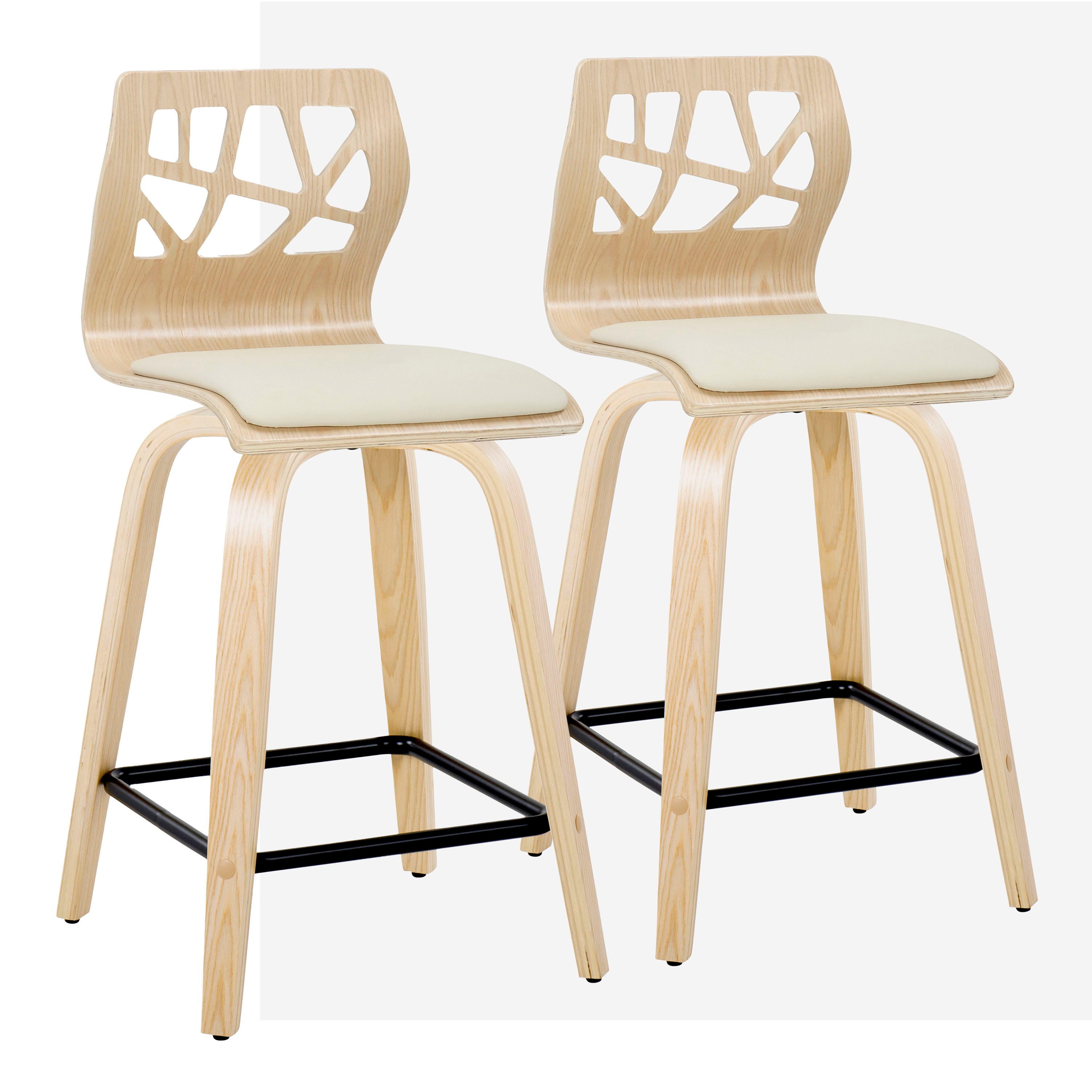 Folia - Contemporary Fixed Height Counter Stool With Swivel With Square Footrest (Set of 2) - Natural / Cream
