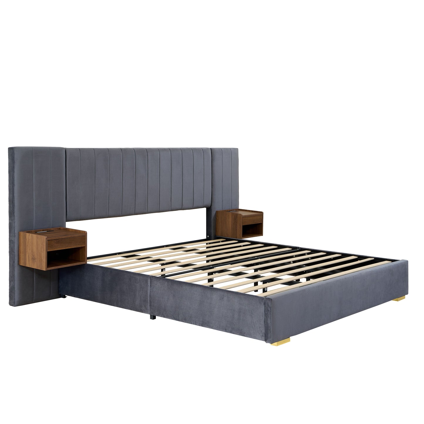 Upholstered King Size Bed Frame Of Velvet Tufted Headboard With Floating Nightstand LED / USB Built - Gray