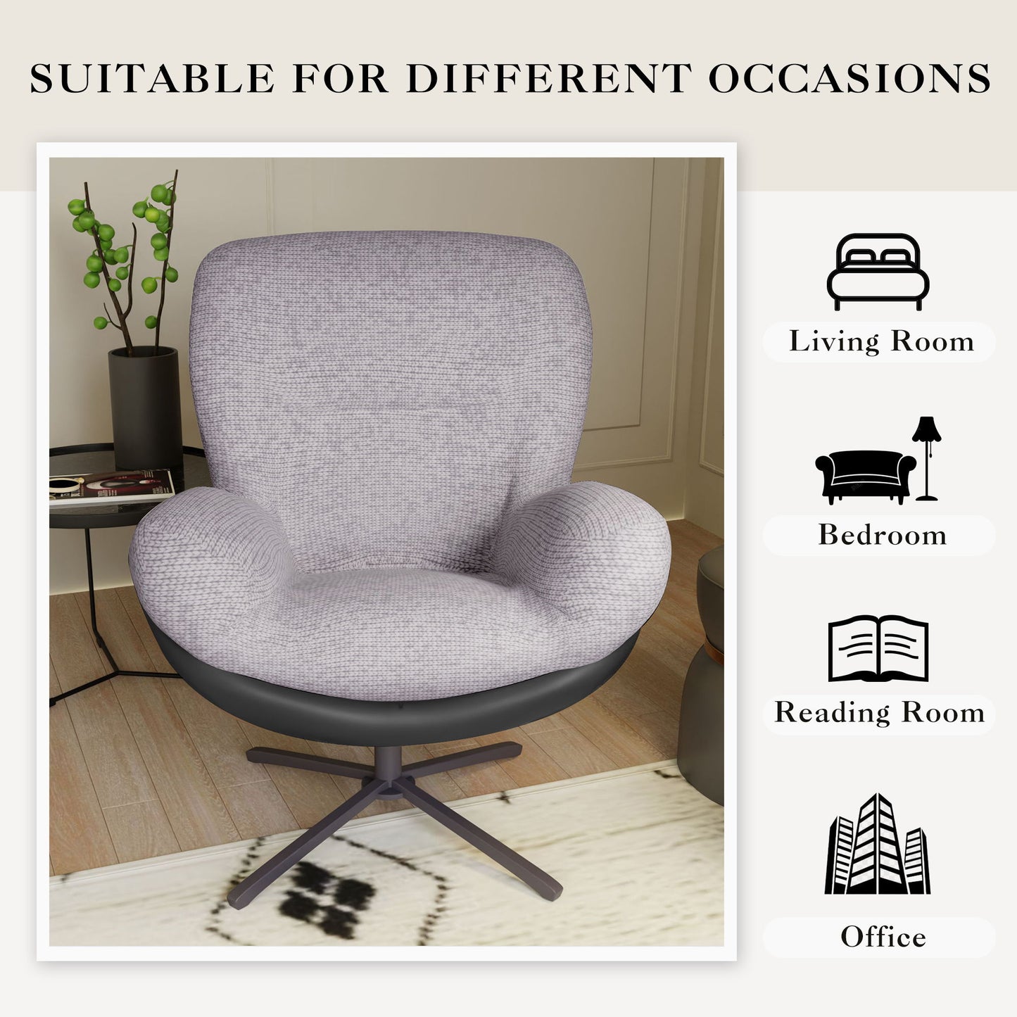 360ÔøΩÔøΩ Swivel Office Chair, Modern Chenille Chair With And Metal Base Frame, No Wheels, Accent Chair - Gray