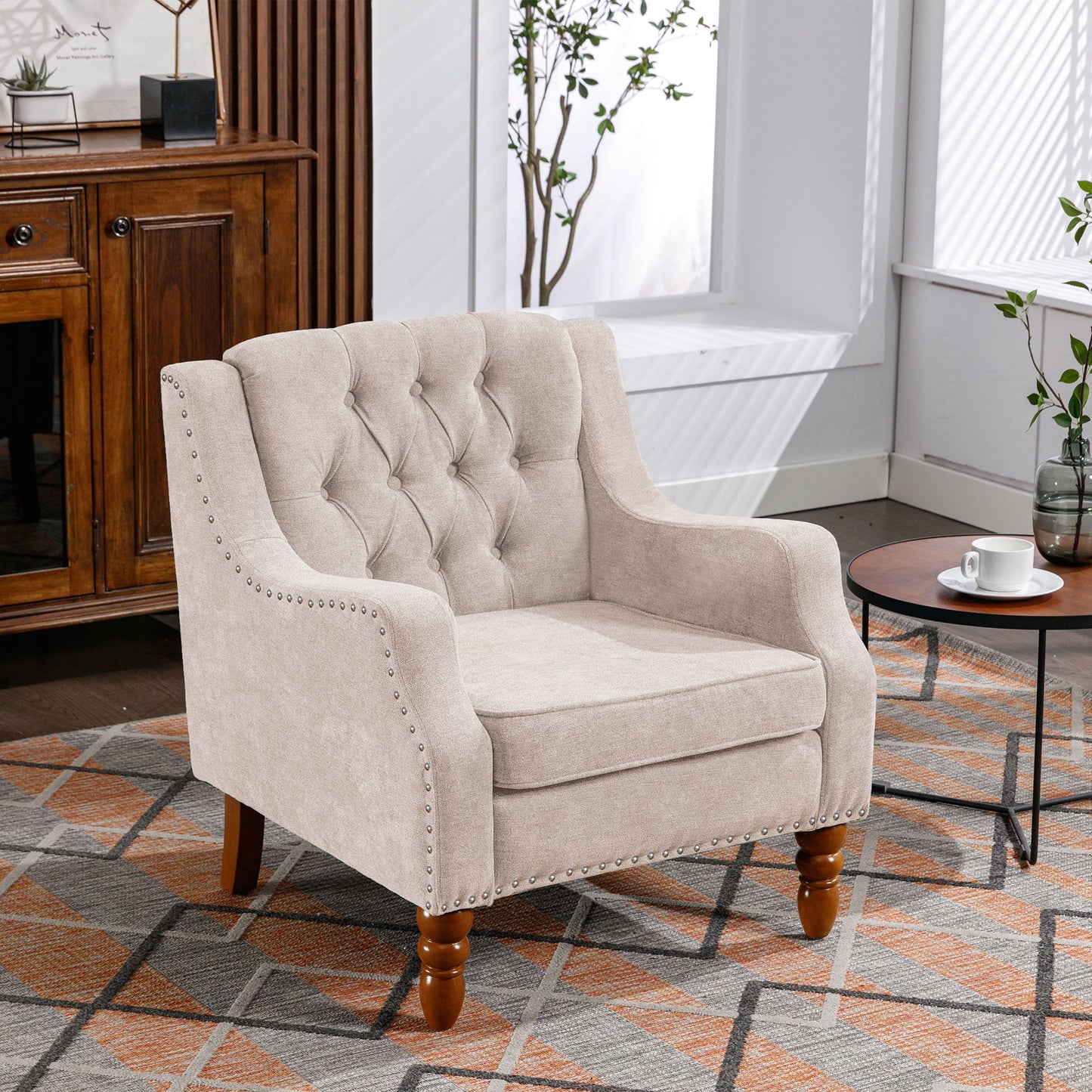 Accent Chair, Living Room Chair, Footrest Chair Set With Vintage Brass Studs, Button Tufted Upholstered Armchair For Living Room, Comfy Reading Chair For Bedroom, Reception Room - Beige