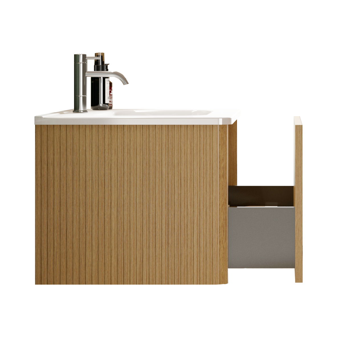 Etna - Striped Natural Oak Bathroom Vanity With White Ceramic Sink, Wall Mounted Floating Bathroom Vanity For Modern Bathroom, One-Piece White Basin Without Drain - White / Oak