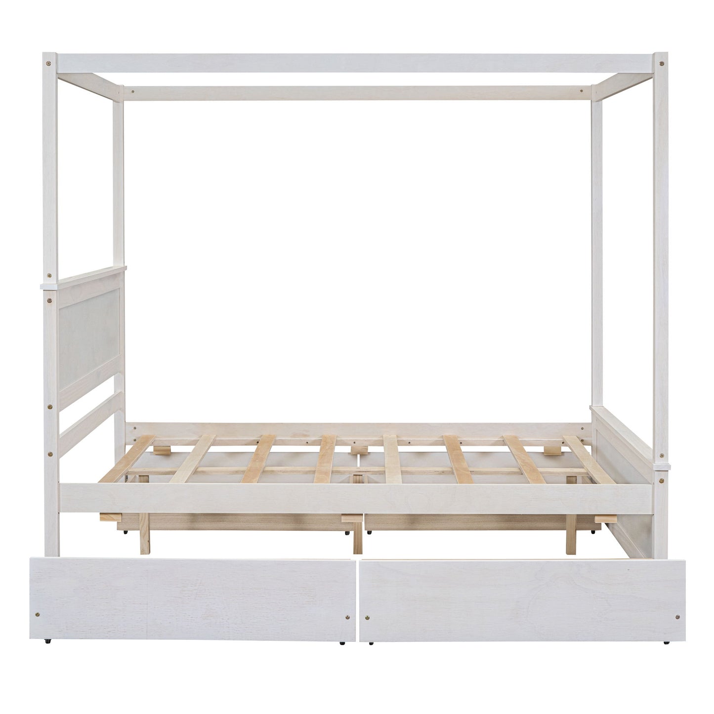 Full Size Canopy Platform Bed With 4 Drawers And Support Slats, No Box Spring Needed - Brushed White