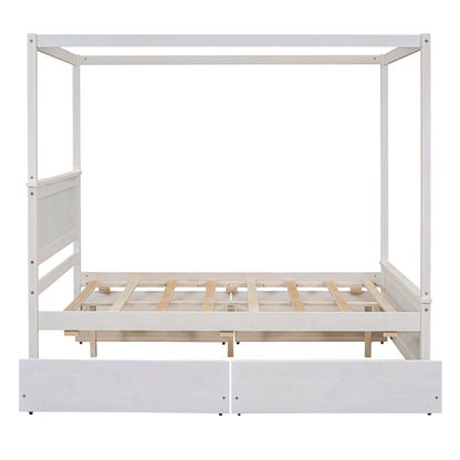 Full Size Canopy Platform Bed With 4 Drawers And Support Slats, No Box Spring Needed - Brushed White