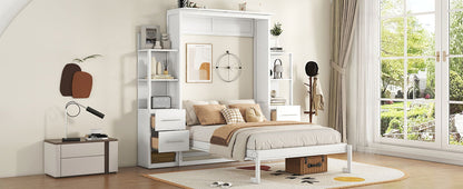 Full Size Murphy Wall Bed With Shelves, Drawers And LED Lights - White