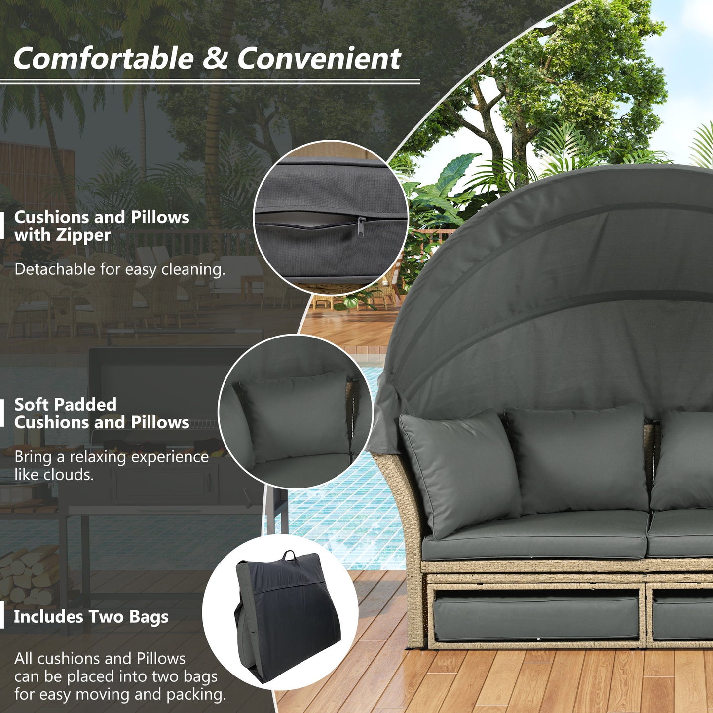 Outdoor Patio Daybed Wicker Rattan Double Daybed Round Sofa Furniture Set With Retractable Canopy, 4 Pillows For Lawn Garden Backyard Porch Pool - Gray