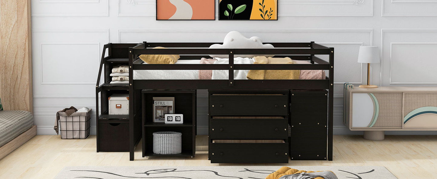 Full Size Loft Bed With Retractable Writing Desk And 3 Drawers With Storage Stairs And Shelves - Espresso