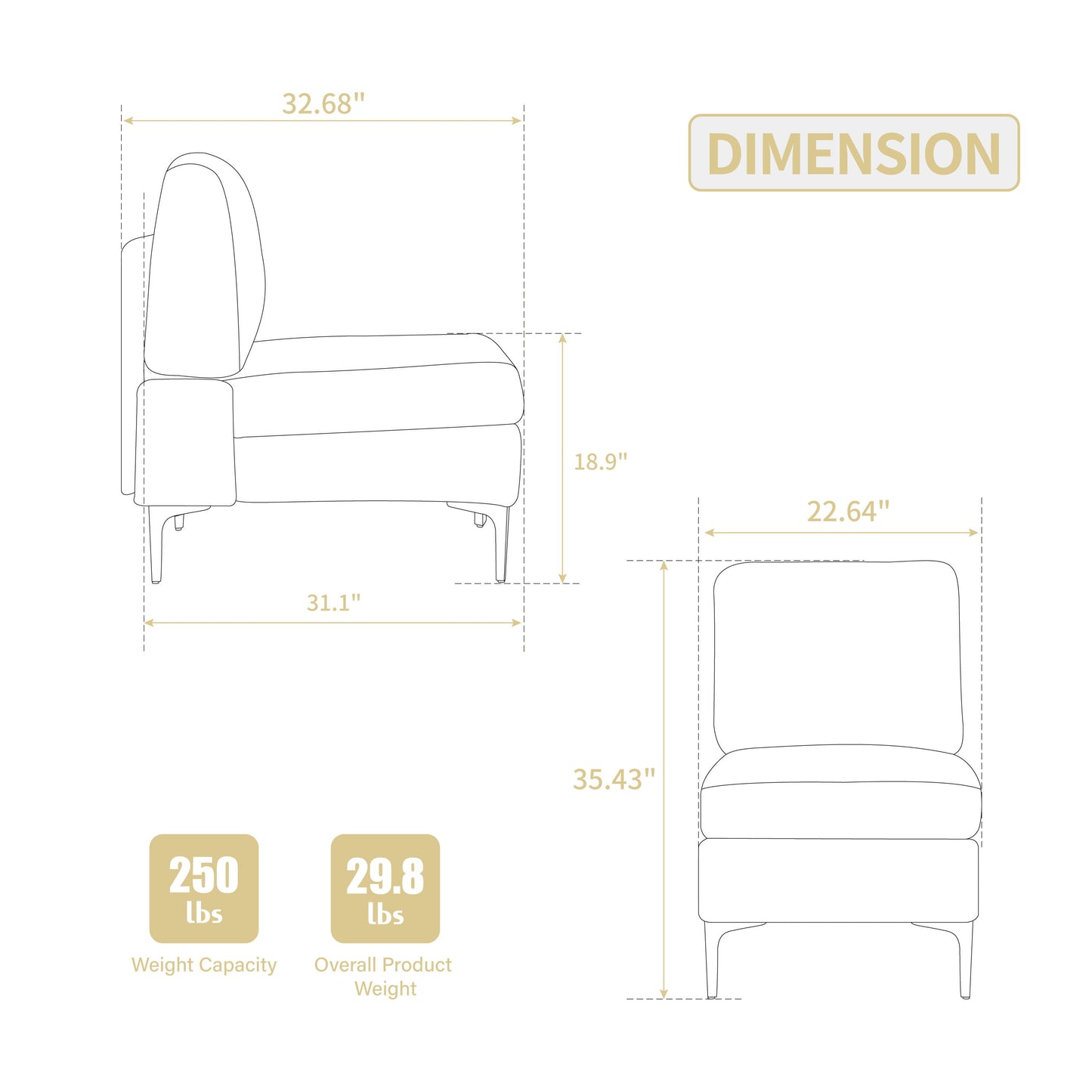 Modular Sectional Sofa Armless Seat Module, Corduroy Sectional Couch, Single Couch Modular Armless Accent Chair With Back Cushion - Gray