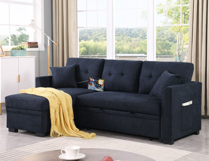 Sectional Sofa Bed L Shaped Sofa Couch Bed With USB Port, Reversible Sofa Sleeper With Pull Out Bed, Chaise With Storage, Pull Out Couch For Living Room - Black