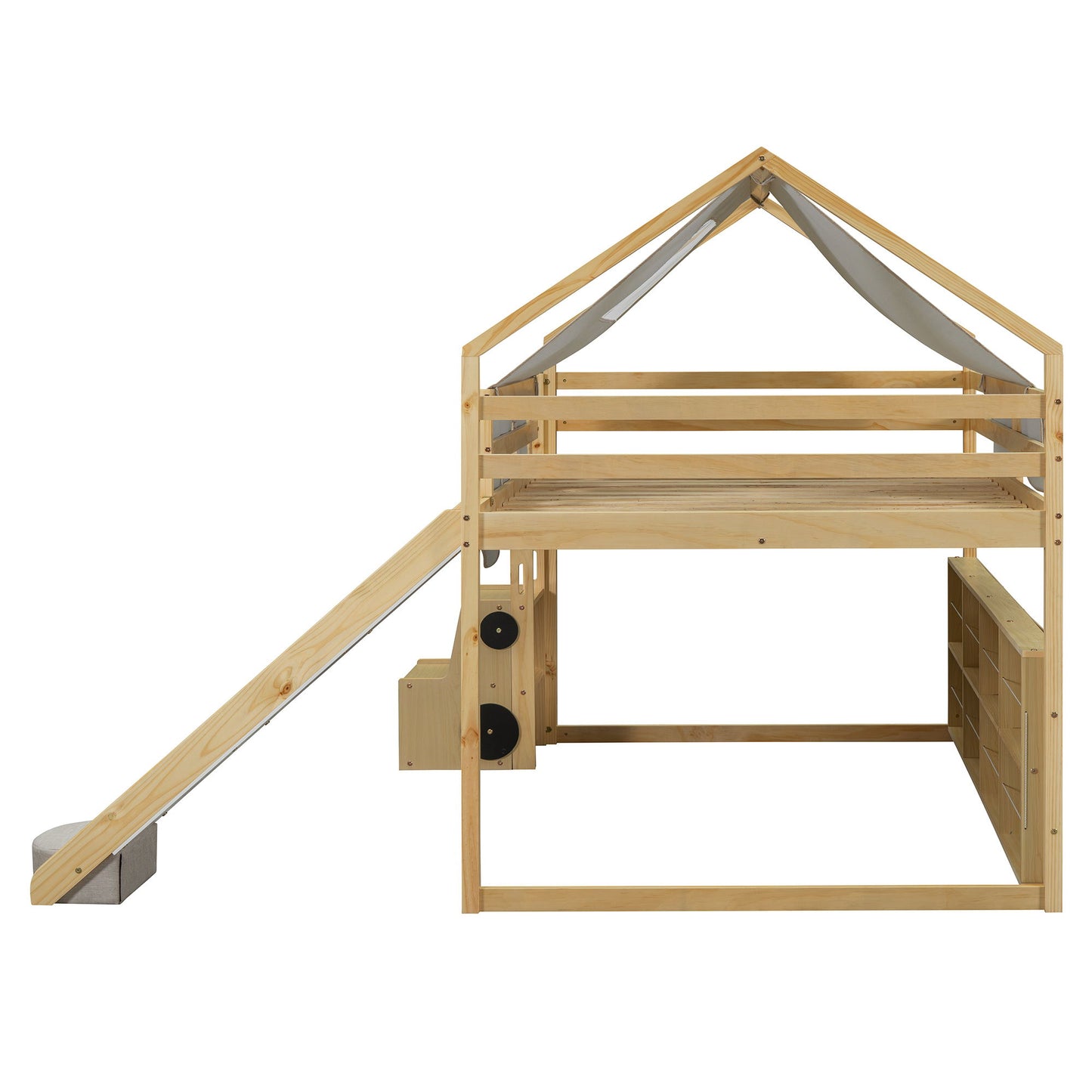 Full Size Loft Bed House Shaped Frame With Tent - Natural / Beige