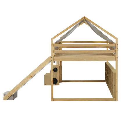 Full Size Loft Bed House Shaped Frame With Tent - Natural / Beige