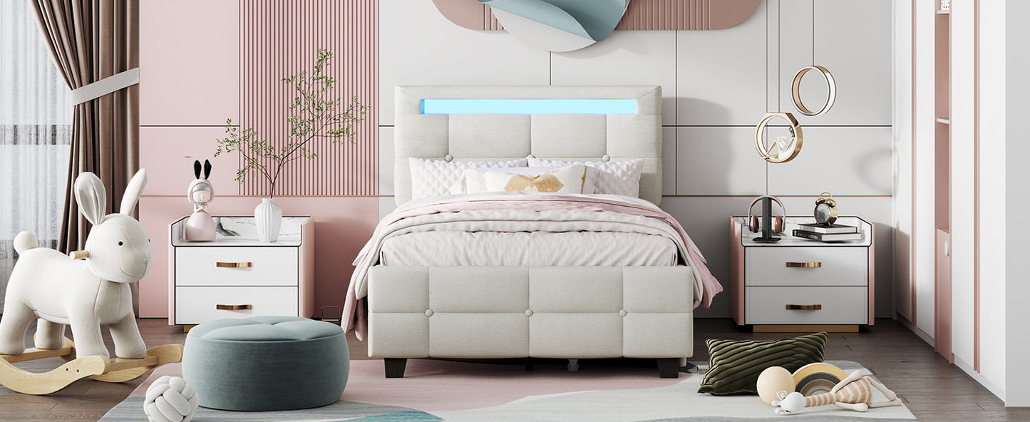 Twin Size Upholstered Platform Bed With LED Frame And 2 Drawers - Beige