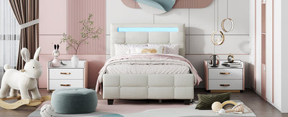 Twin Size Upholstered Platform Bed With LED Frame And 2 Drawers - Beige