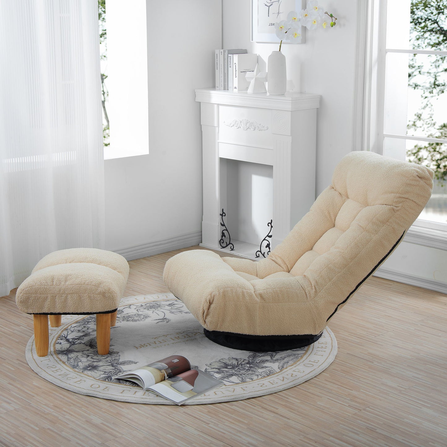 Japanese Style Single Reclining Sofa Chair With Adjustable Features Cotton For Balcony And Leisure - White