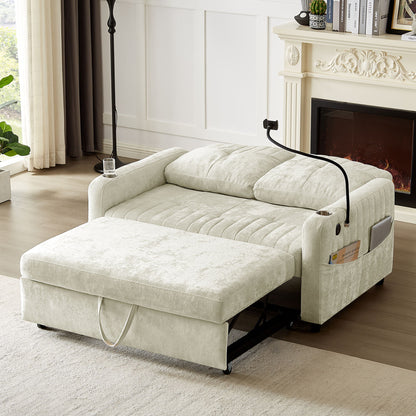 Modern Loveseat Pull Out Sofa Bed With Adjustable Backrest, Two Cup Holders, A Phone Holder, Three Charging Ports And Side Storage Pockets For Living Room - Beige