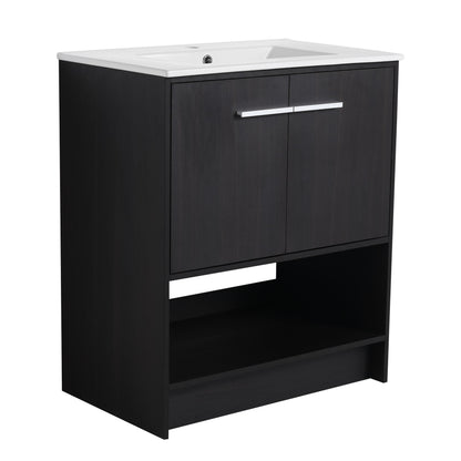 Modern Freestanding 30" Bathroom Vanity With Ceramic Sink, Soft Closing Doors Cabinet - Dark Oak