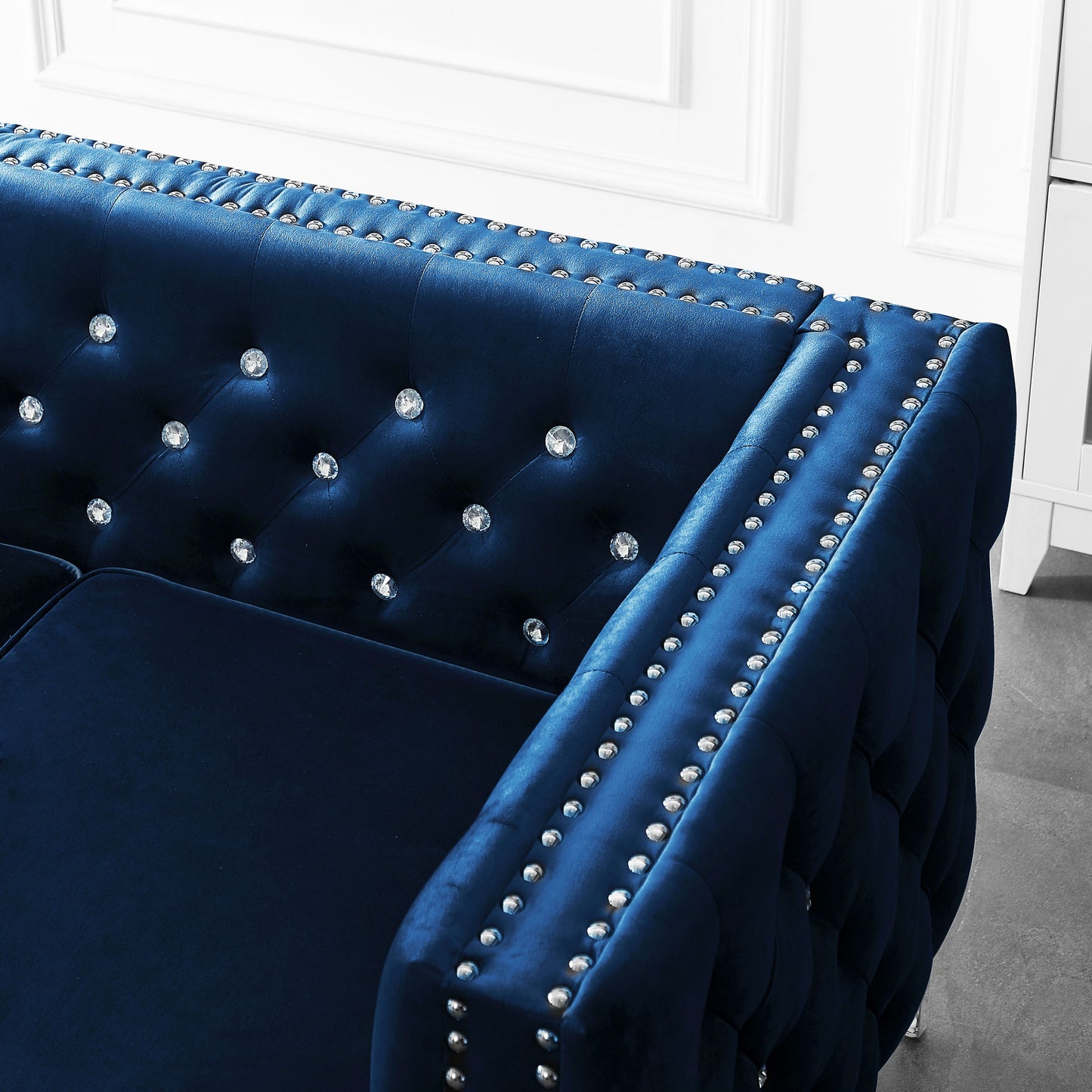 Wide Sofa With Jeweled Buttons, Square Arm, 2 Pillows - Blue
