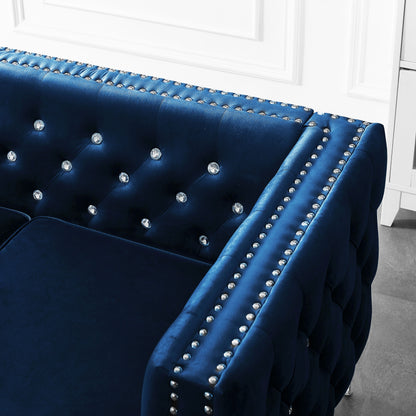 Wide Sofa With Jeweled Buttons, Square Arm, 2 Pillows - Blue