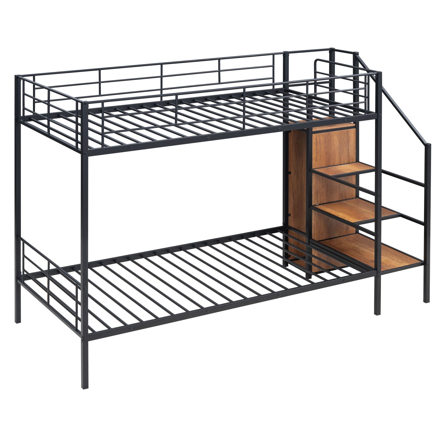 Twin Over Twin Metal Bunk Bed With Lateral Storage Ladder And Wardrobe - Black