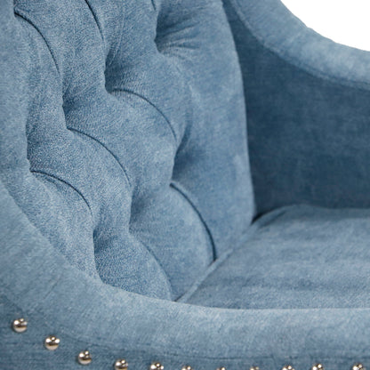 Accent Chair, Living Room Chair, Footrest Chair Set With Vintage Brass Studs, Button Tufted Upholstered Armchair For Living Room, Comfy Reading Chair For Bedroom, Reception Room - Blue