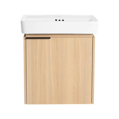 20" Wall Mounted Bathroom Vanity With Ceramic Sink And Storage Cabinet - Oak