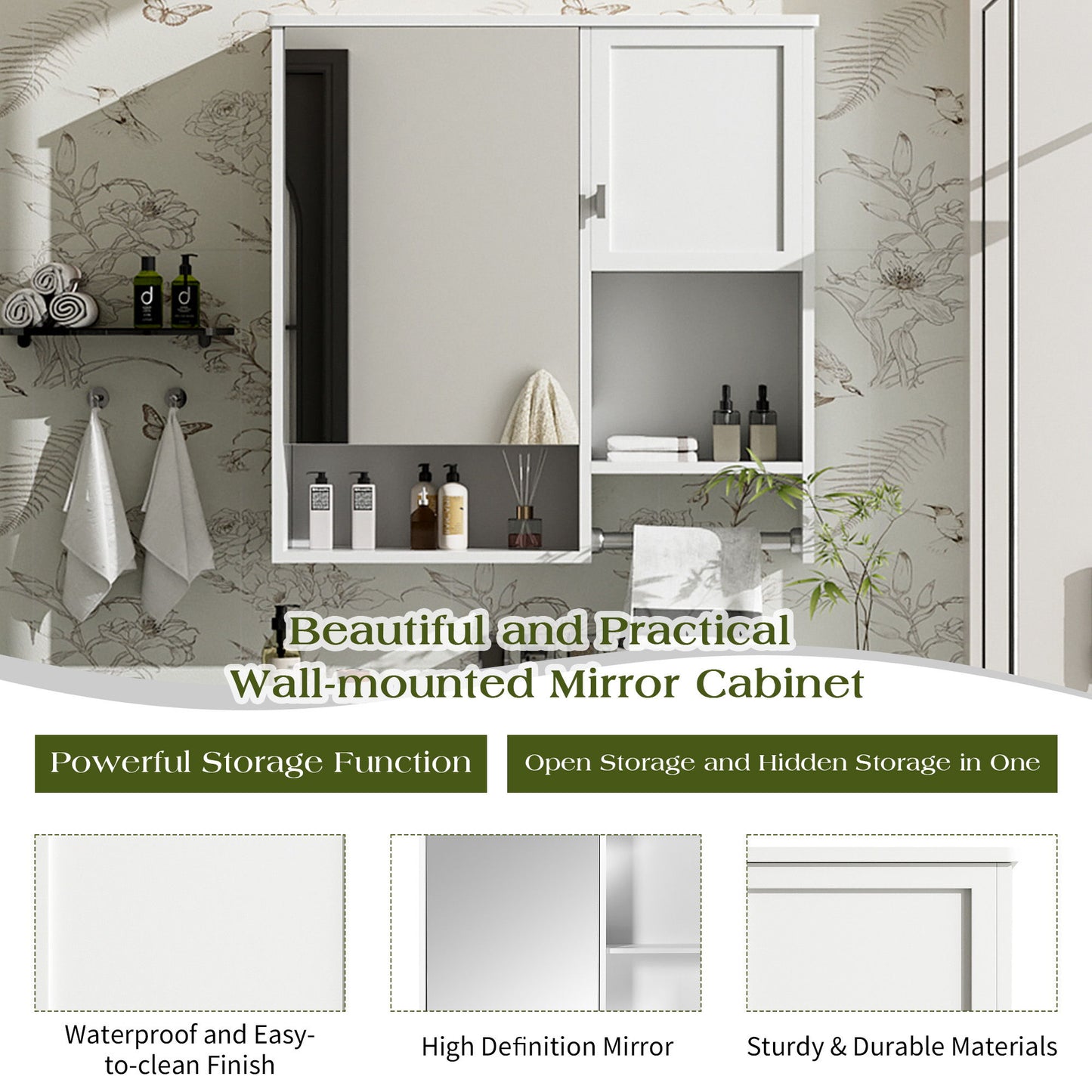 Modern Wall Mounted Bathroom Medicine Cabinet, Bathroom Wall Storage Cabinet With Mirror, Over The Toilet Space Saver Cabinet With Towels Bar - White