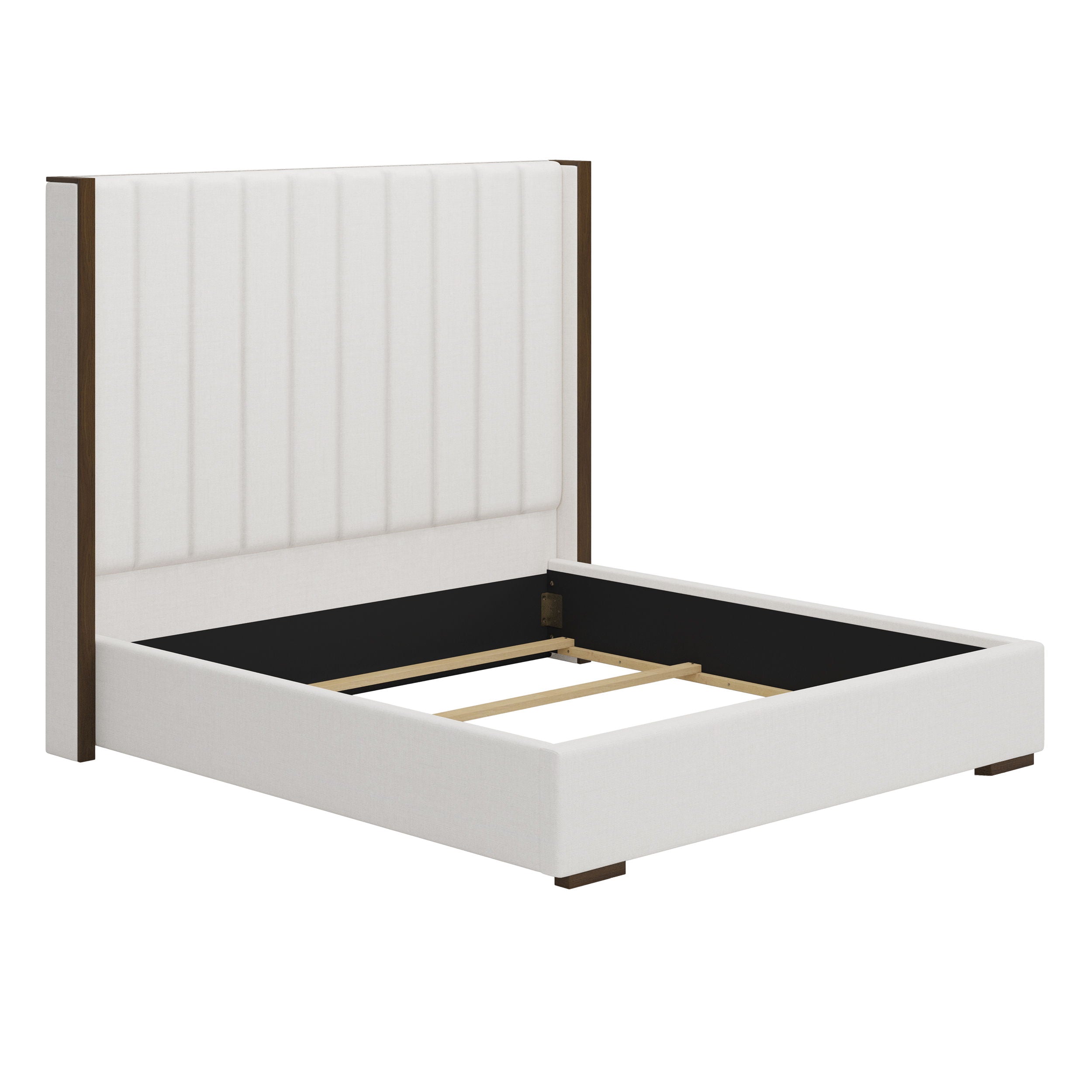 Tall Headboard Upholstered King Size Bed With Vertical Striped And Wingback Design, Box Spring Needed, Linen - Beige