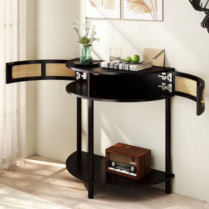 Boho Rattan Semi Circle End Table With Sliding Door, Elegant Wood Accent Table With Storage And Bottom Shelf - Black