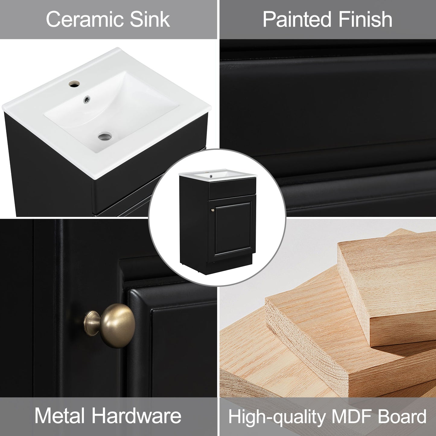 20" Bathroom Vanity With Sink, Freestanding Cabinet With Door Shelf And Adjustable Shelf, And Ceramic Construction - Black