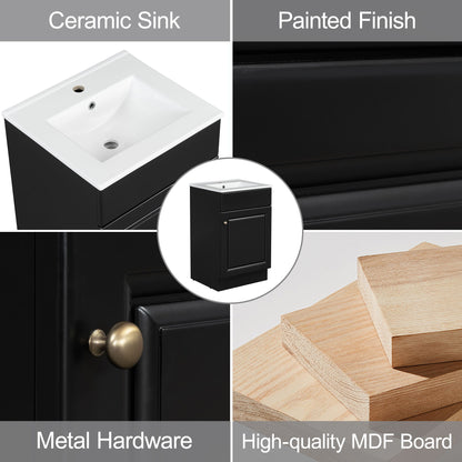 20" Bathroom Vanity With Sink, Freestanding Cabinet With Door Shelf And Adjustable Shelf, And Ceramic Construction - Black