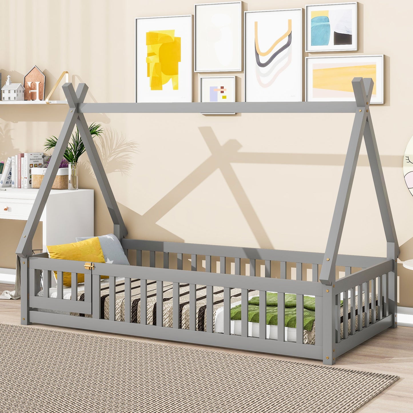 Twin Tent-Shaped Floor Bed, With Guardrails, Slats, Door - Gray