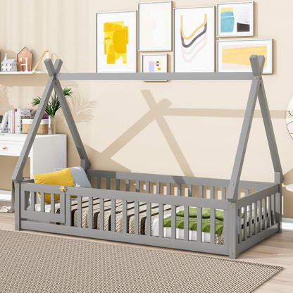 Twin Tent-Shaped Floor Bed, With Guardrails, Slats, Door - Gray