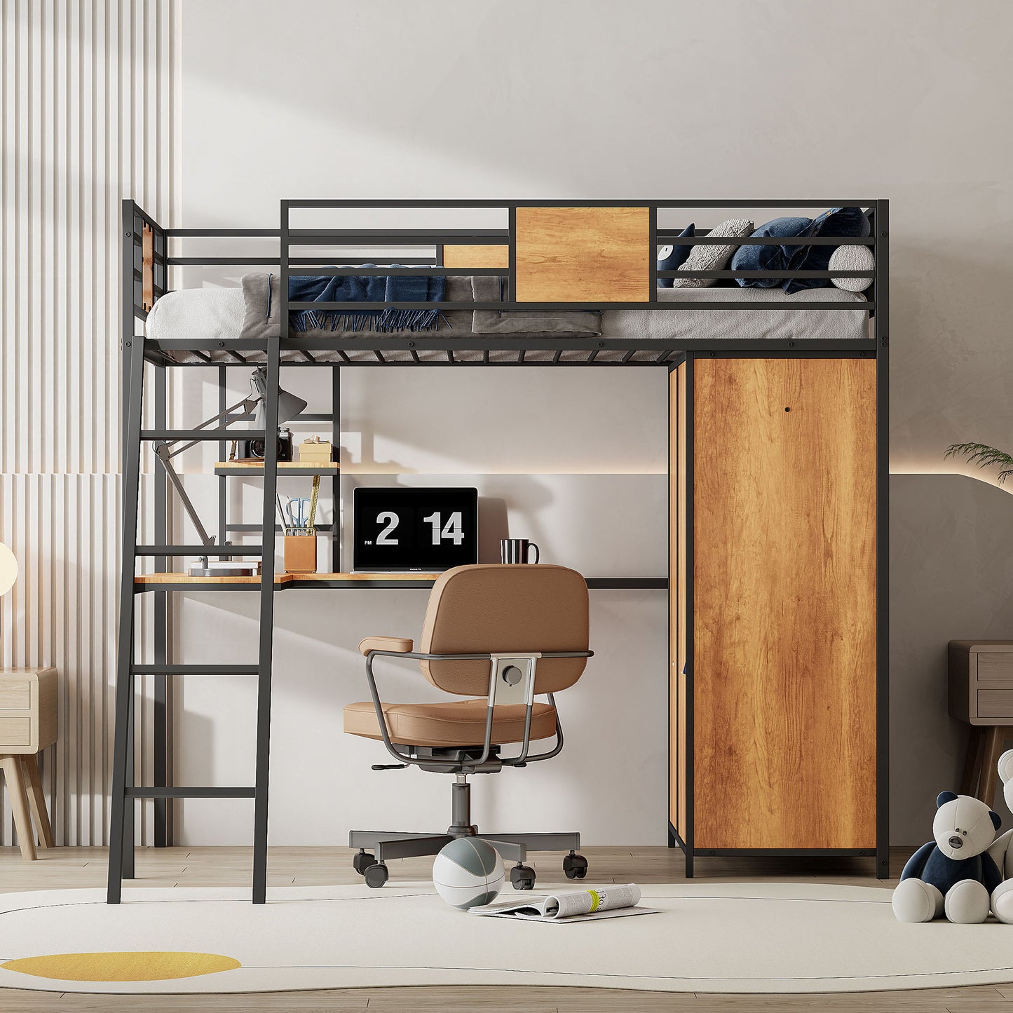 Twin Size Loft Bed With L Shape Desk And Wardrobe - Black