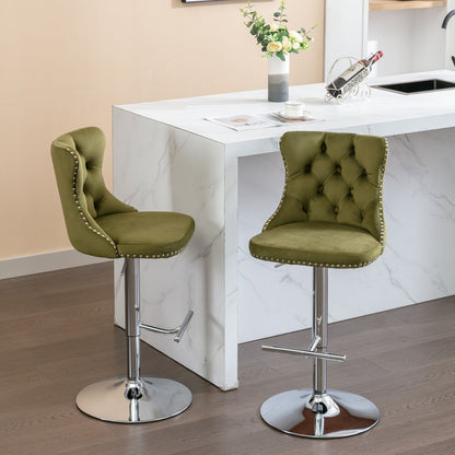 Swivel Velvet Barstools Adjusatble Seat Height From 25-33", Modern Upholstered Chrome Base Bar Stools With Backs Comfortable Tufted For Home Pub And Kitchen Island (Set of 2), 1712Ol - Olive Green