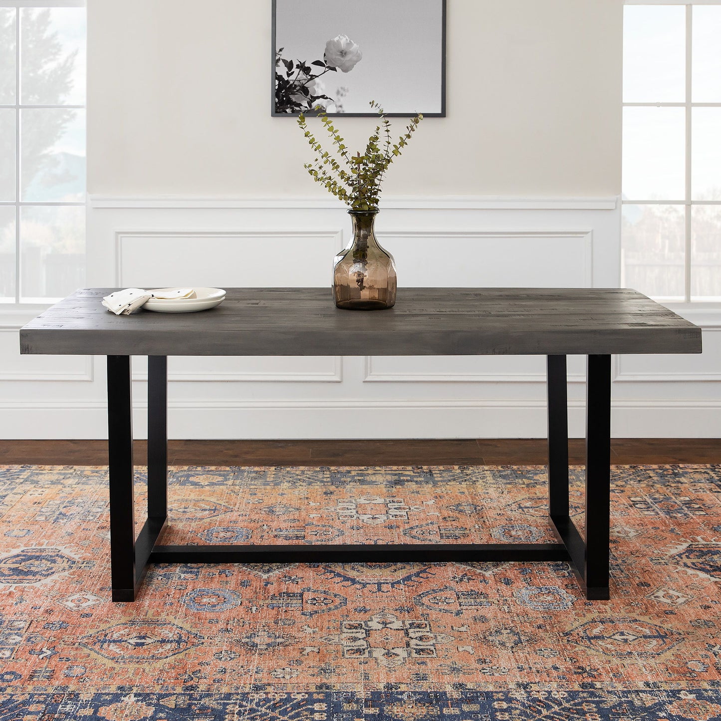 Modern Distressed Solid Wood And Metal Open Frame Dining Table - Gray