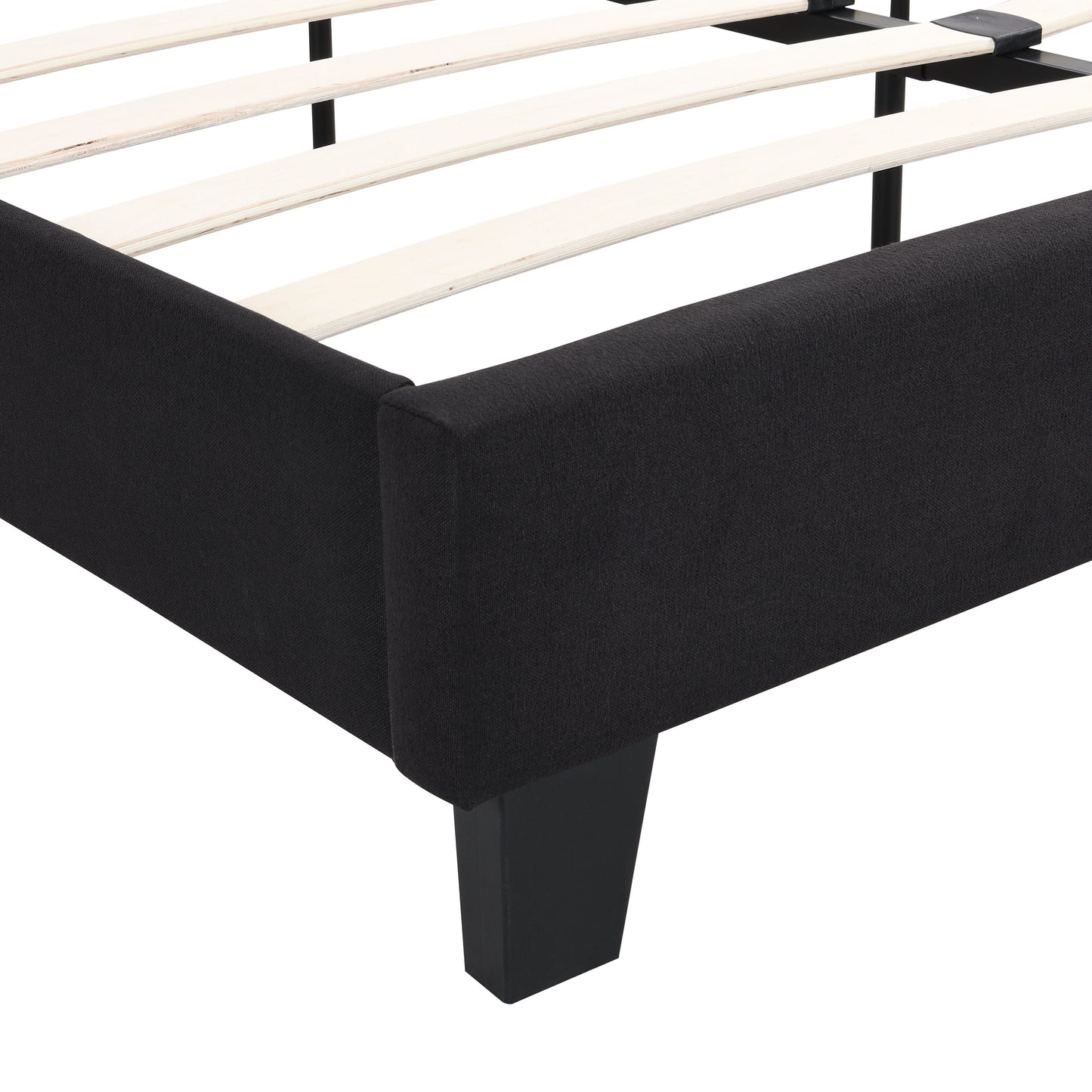 King Size Upholstered Platform Bed Frame With Linen Fabric Headboard, No Box Spring Needed, Wood Slat Support - Black