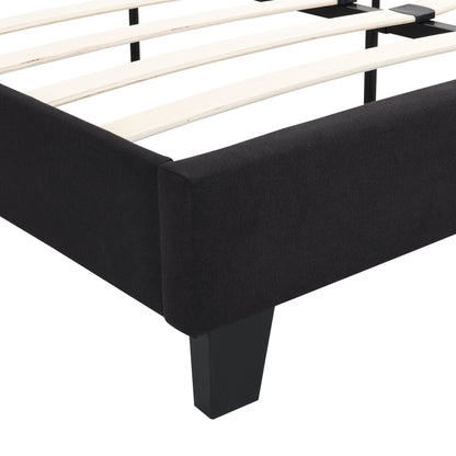 King Size Upholstered Platform Bed Frame With Linen Fabric Headboard, No Box Spring Needed, Wood Slat Support - Black