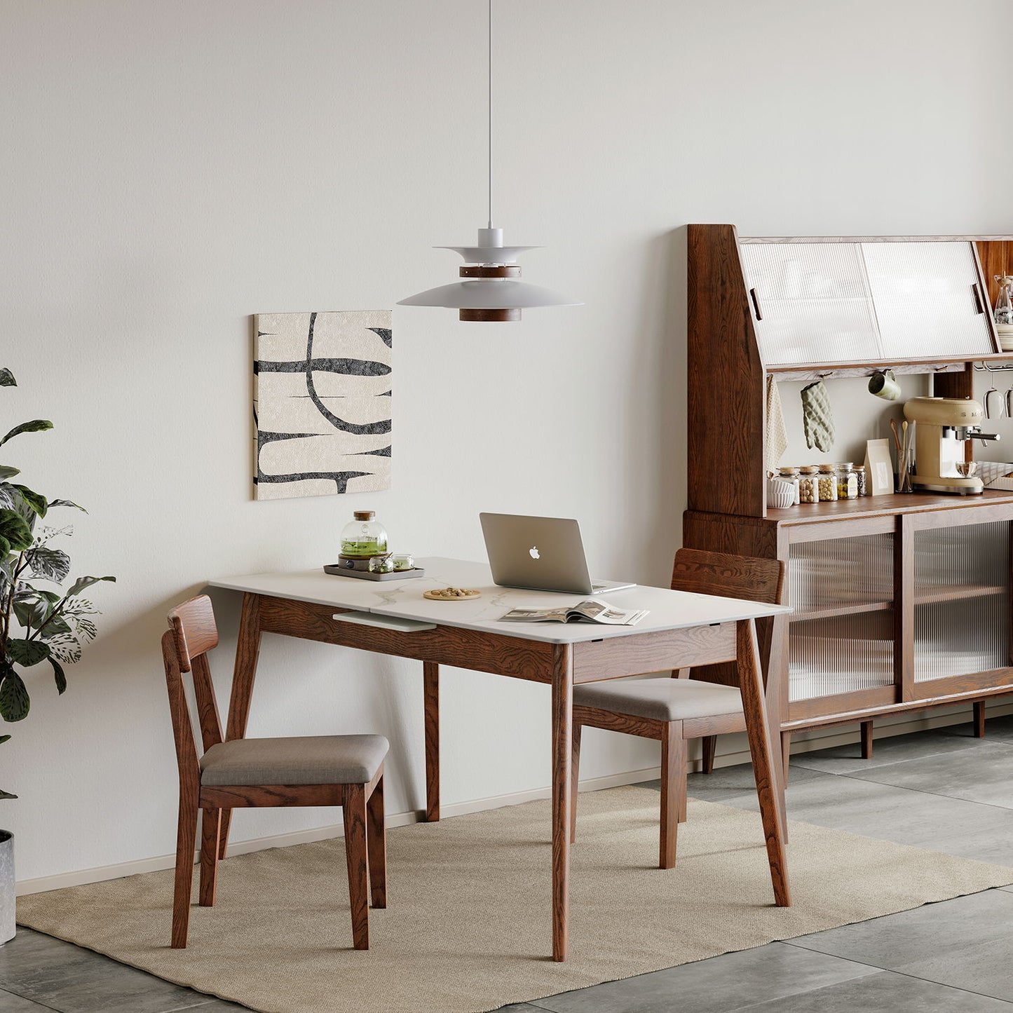 Round Corner Diagonal Leg Telescopic Table For 6 - 8 People To Meet Dining Table - White / Walnut