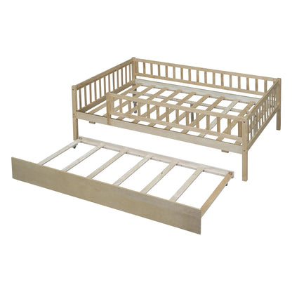 Full Size Daybed With Trundle And Fence Guardrails - Natural