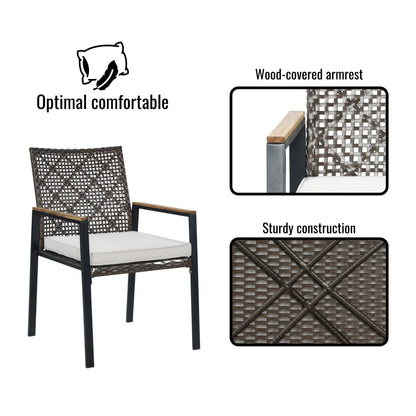 All Weather 5 Piece Patio Dining Table Set, Acacia Wood Table Top With Umbrella Hole, Rattan Outdoor - Coffee Brown