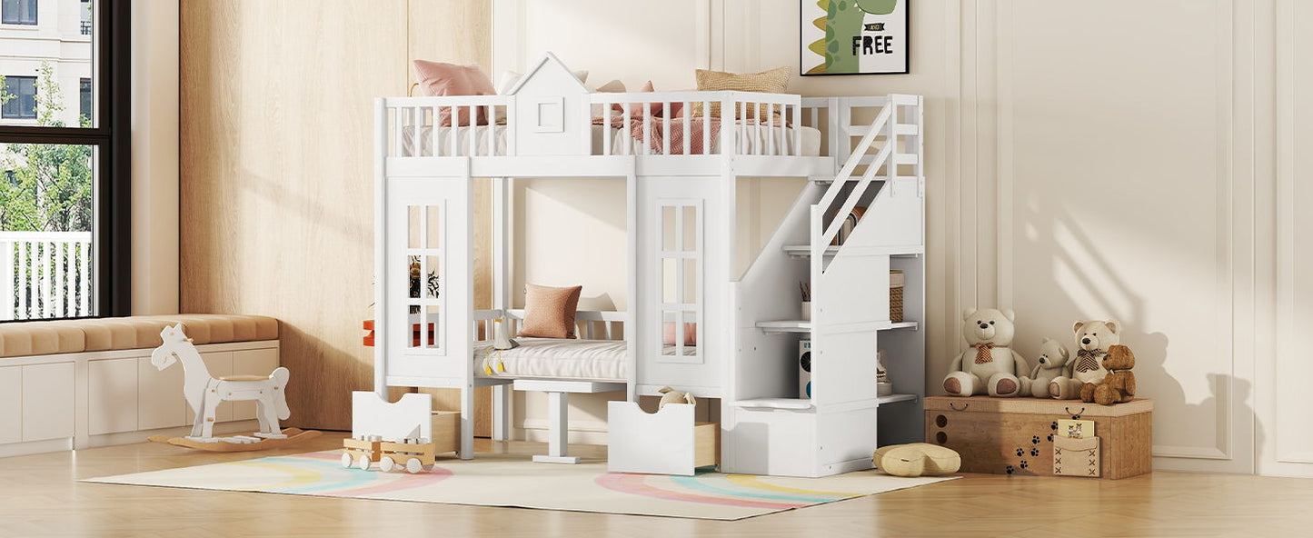 Twin Over Twin Bunk Bed With Changeable Table, Turn Into Upper Bed And Down Desk - White