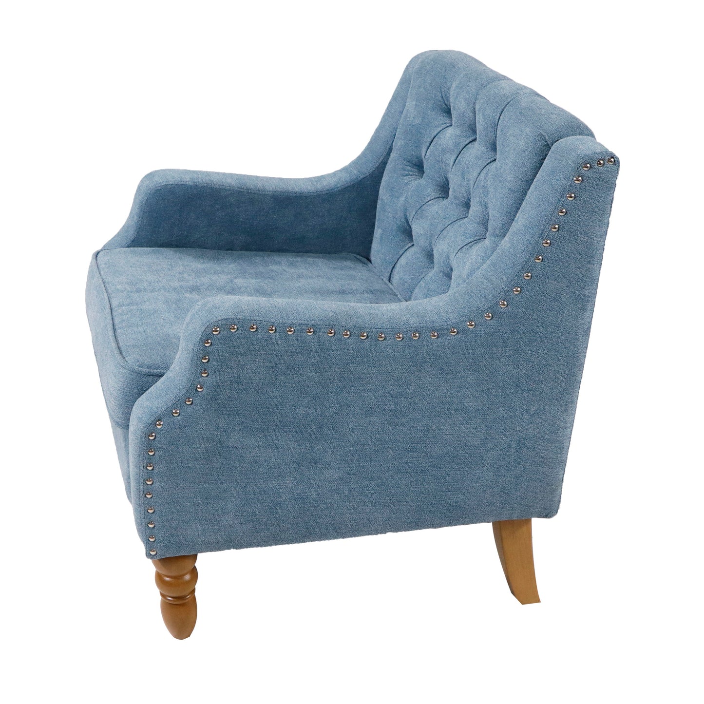 Accent Chair, Living Room Chair, Footrest Chair Set With Vintage Brass Studs, Button Tufted Upholstered Armchair For Living Room, Comfy Reading Chair For Bedroom, Reception Room - Blue