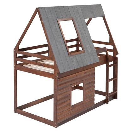 Wood Twin Size House Bunk Bed With Roof, Ladder And 2 Windows - Oak & Smoky Gray