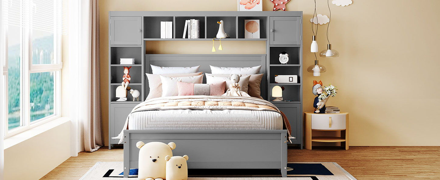 Full Size Bed With All In One Cabinet And Shelf - Gray