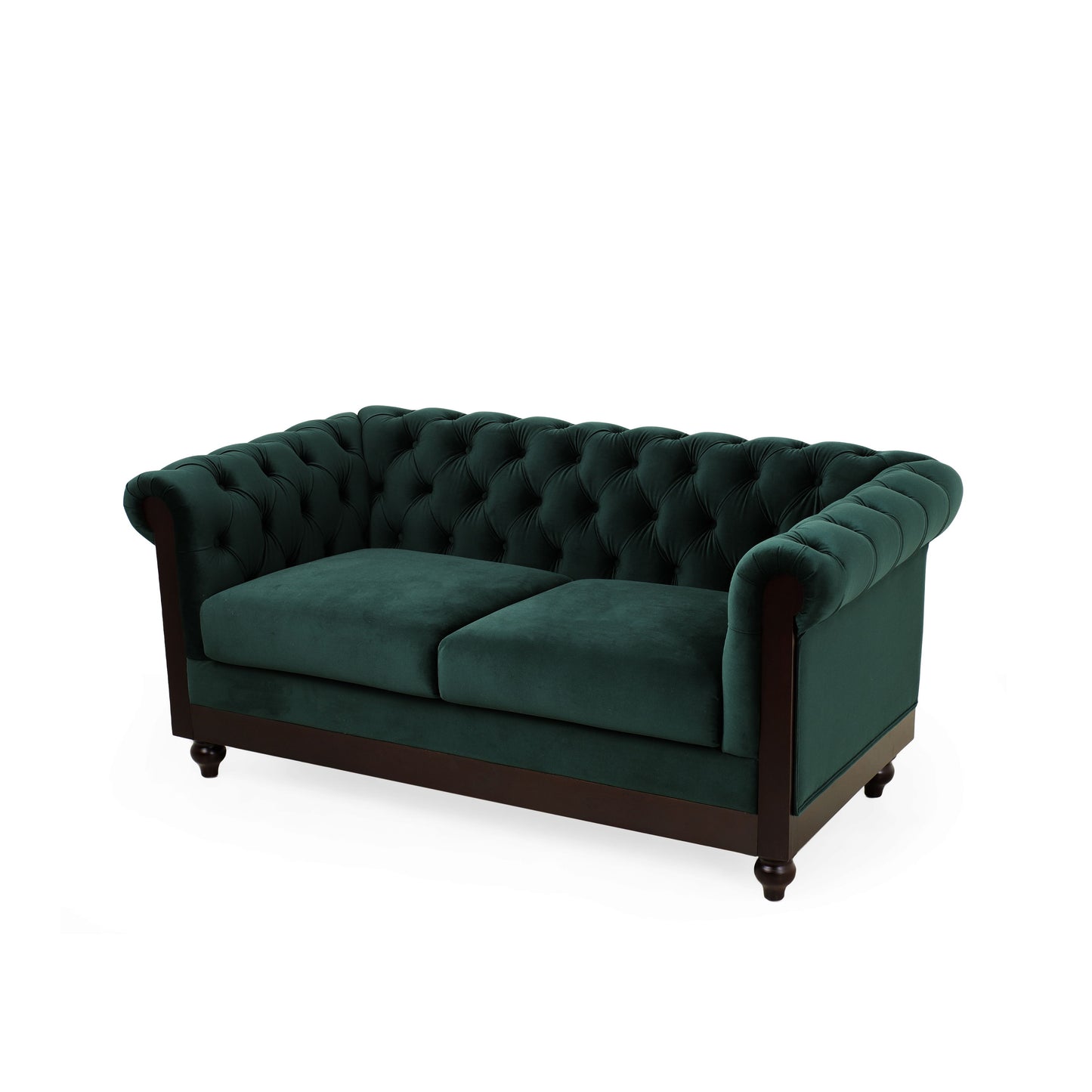 Chesterfield Velvet Loveseat Sofa 2 Person Rolled Arm Upholstered Couch - Forest Green