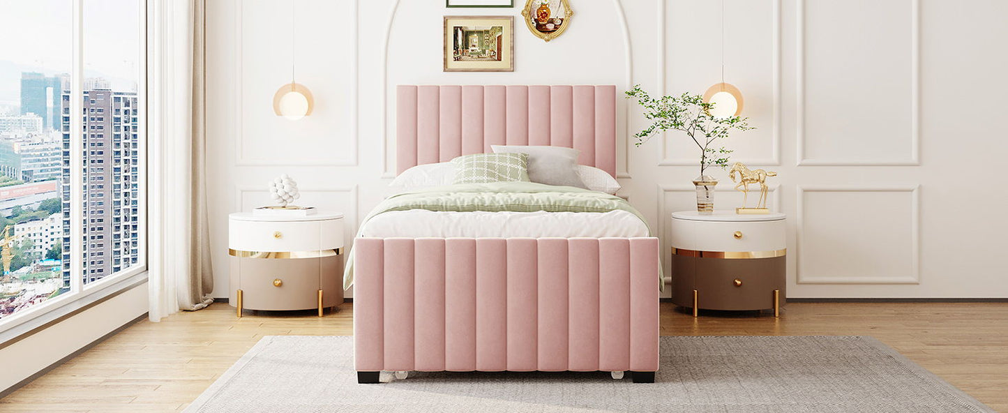 Twin Size Upholstered Platform Bed With Twin Size Trundle - Pink