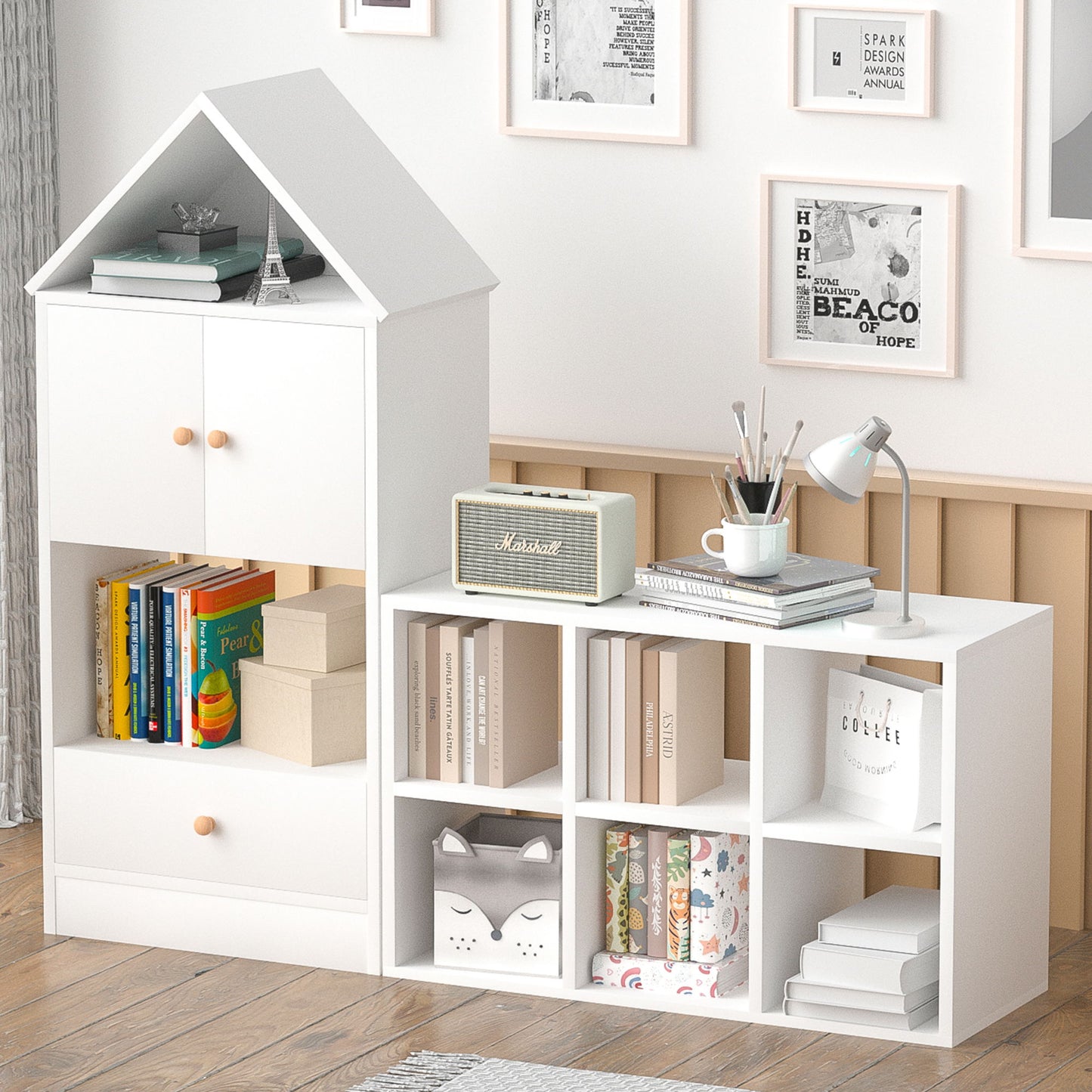 Versatile Kids Bookshelf With House-Shaped Design Multifunctional Storage, Durable - White