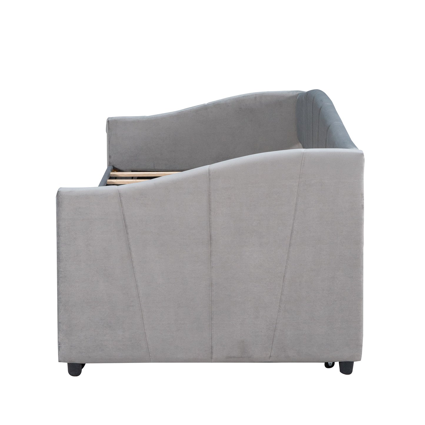Twin Size Upholstered Daybed Sofa Bed With Trundle And Slat - Gray