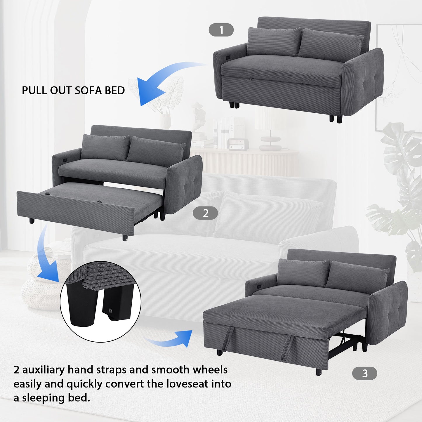 Pull Out Sofa Bed Convertible Couch 2 Seat Loveseat Sofa Modern Sleeper Sofa With 2 Throw Pillows And USB Ports For Living Room - Dark Gray